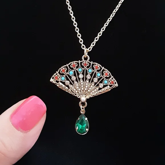 Handmade Victorian Fan Necklace 22" Long Chain - Picture 3 of 4